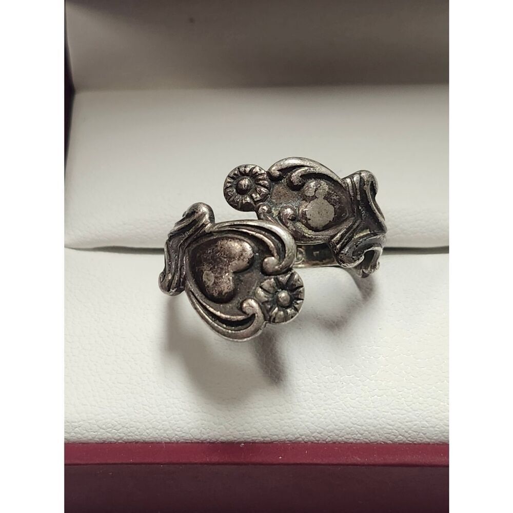 AVON Sterling Silver Ring Adjustable Womens Bypass Spoon Ring Hearts Vintage